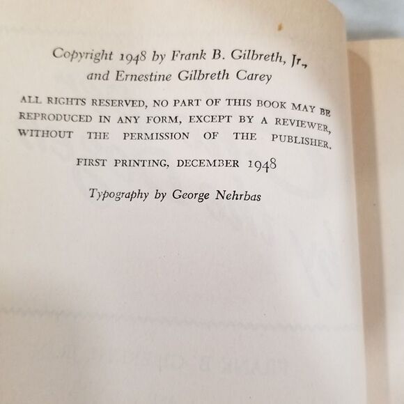 Cheaper by The Dozen Book by Frank Gilbreth, Ernestine Carey, 1948 1st Printing - Picture 6 of 10